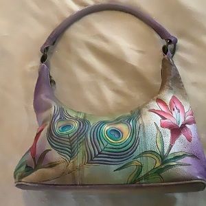 Anuschka peacock and lily small purse. Taupe with purple tint. Hand painted